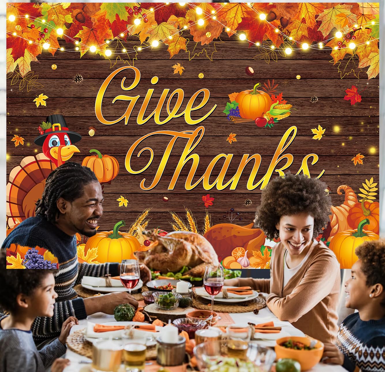 Happy Thanksgiving Backdrop 10x8FT Give Thanks Fall Harvest Photography Background Maple Leaves Turkey Pumpkin Themed Banner for