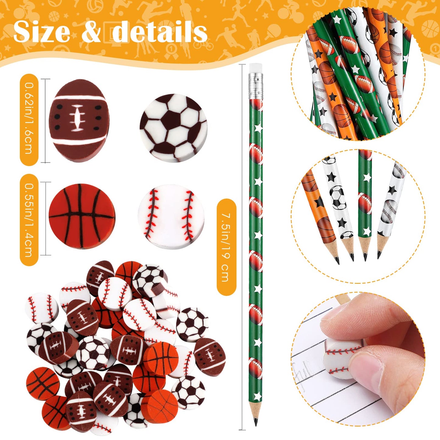 Tinlade 72 Pcs Sports Pencils And Erasers For Kids Fun Wooden Pencils For Kids Boys Sports Themed Birthday Party Favors Students Stationery Party School Office Supplies(Sports)