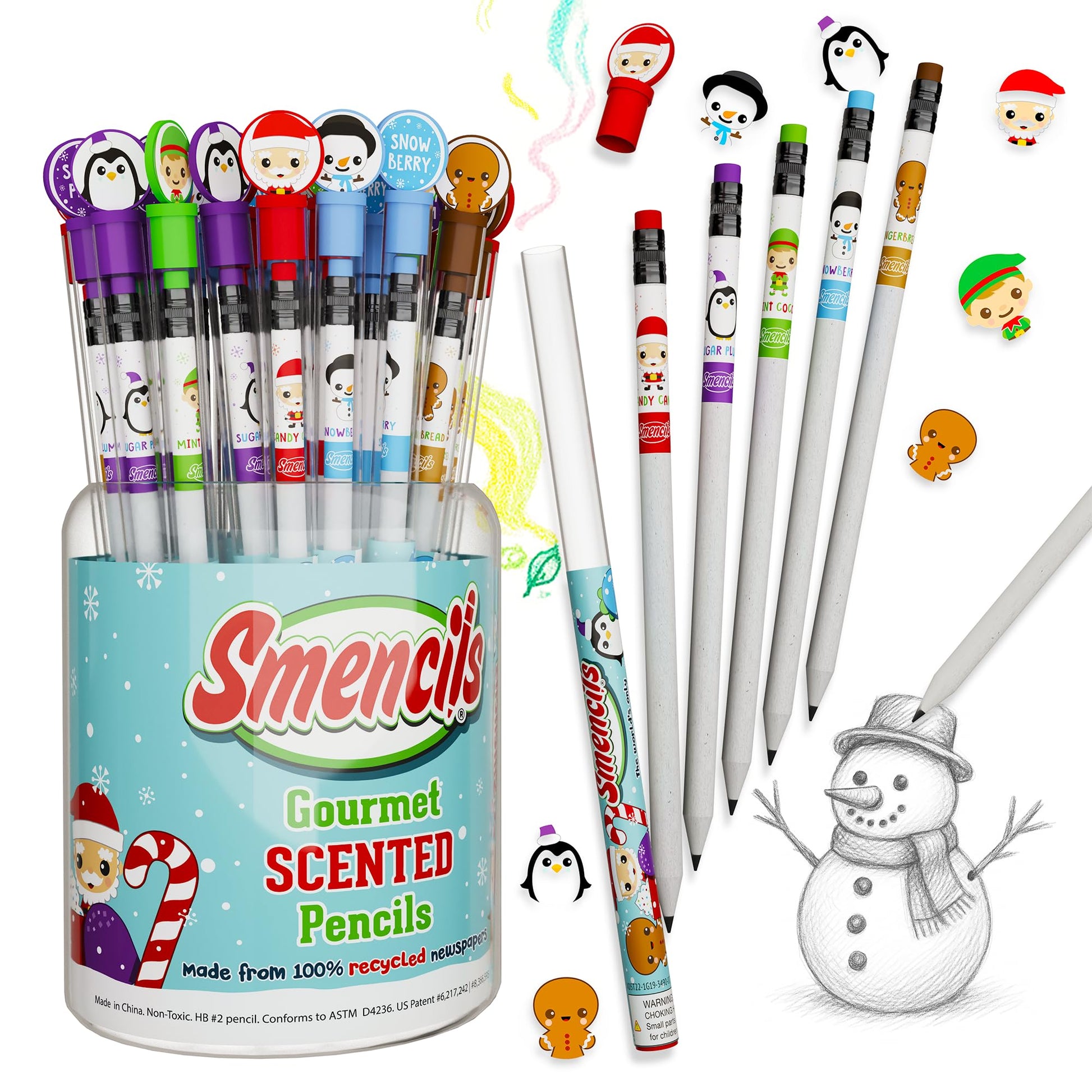 Holiday Smencils Cylinder - HB #2 Patented Gourmet Scented Pencils, 50 Count, Gifts for Kids, Party Favors, Classroom Rewards