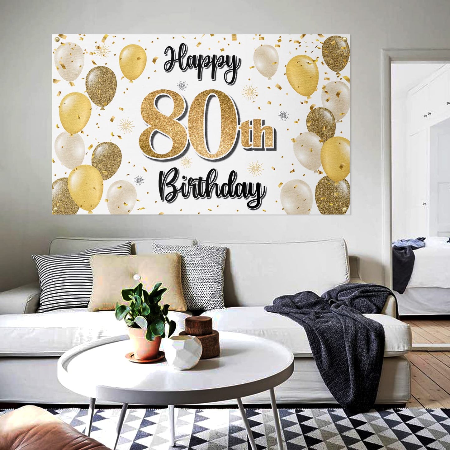 LASKYER 80th Birthday Decorations - Gold Balloon Banner Backdrop Sign, Polyester, Cheers to Eighty Years, Perfect for Bday Party Supplies