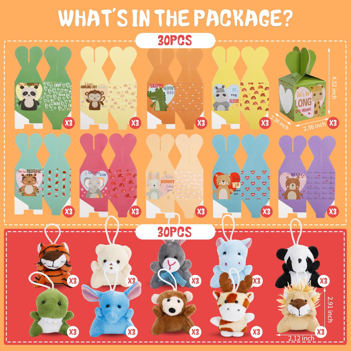 Atfunshop Valentines Day Gifts For Kids With Animal Plush Toys 30 Pack Valentines Mini Keychains And Heart Gift Box In Bulk Exchange For Toddlers Girls Boys School Class Classroom Party Favors