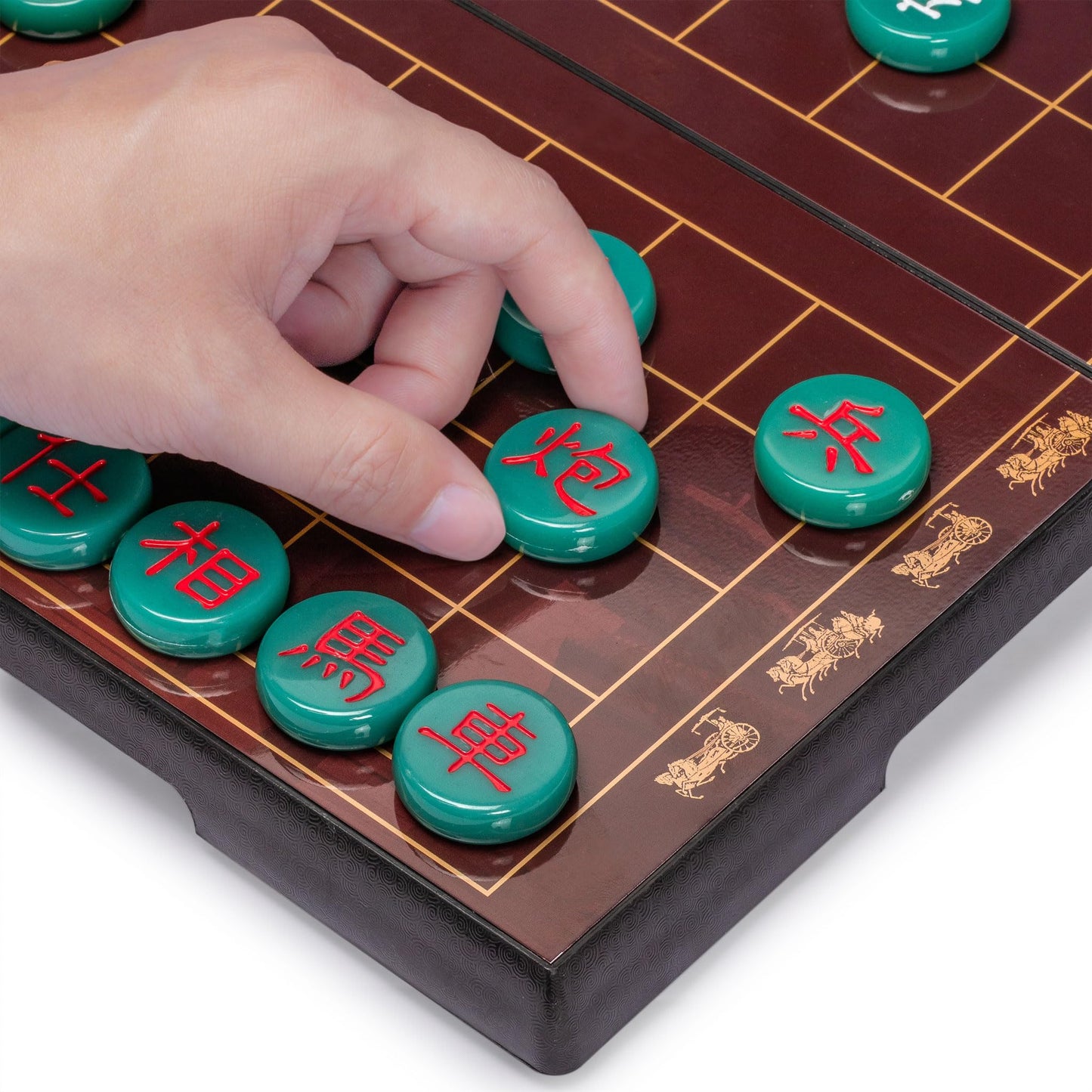 Yellow Mountain Imports Xiangqi Magnetic Travel Chess Set - 12.8" Brown Board with Jade-Colored Pieces, Model XX-CC001-A