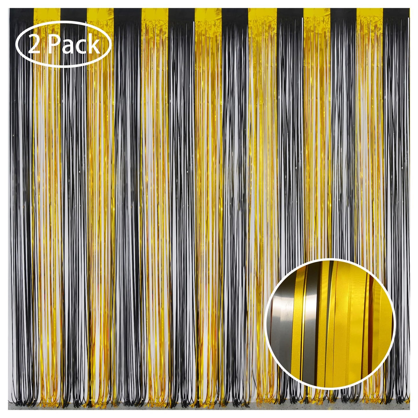 Melsan Foil Curtain Tinsel Backdrop - 3.2ft X 8ft Black and Gold Fringe Curtain Photo Streamers Backdrop for Halloween, Graduati
