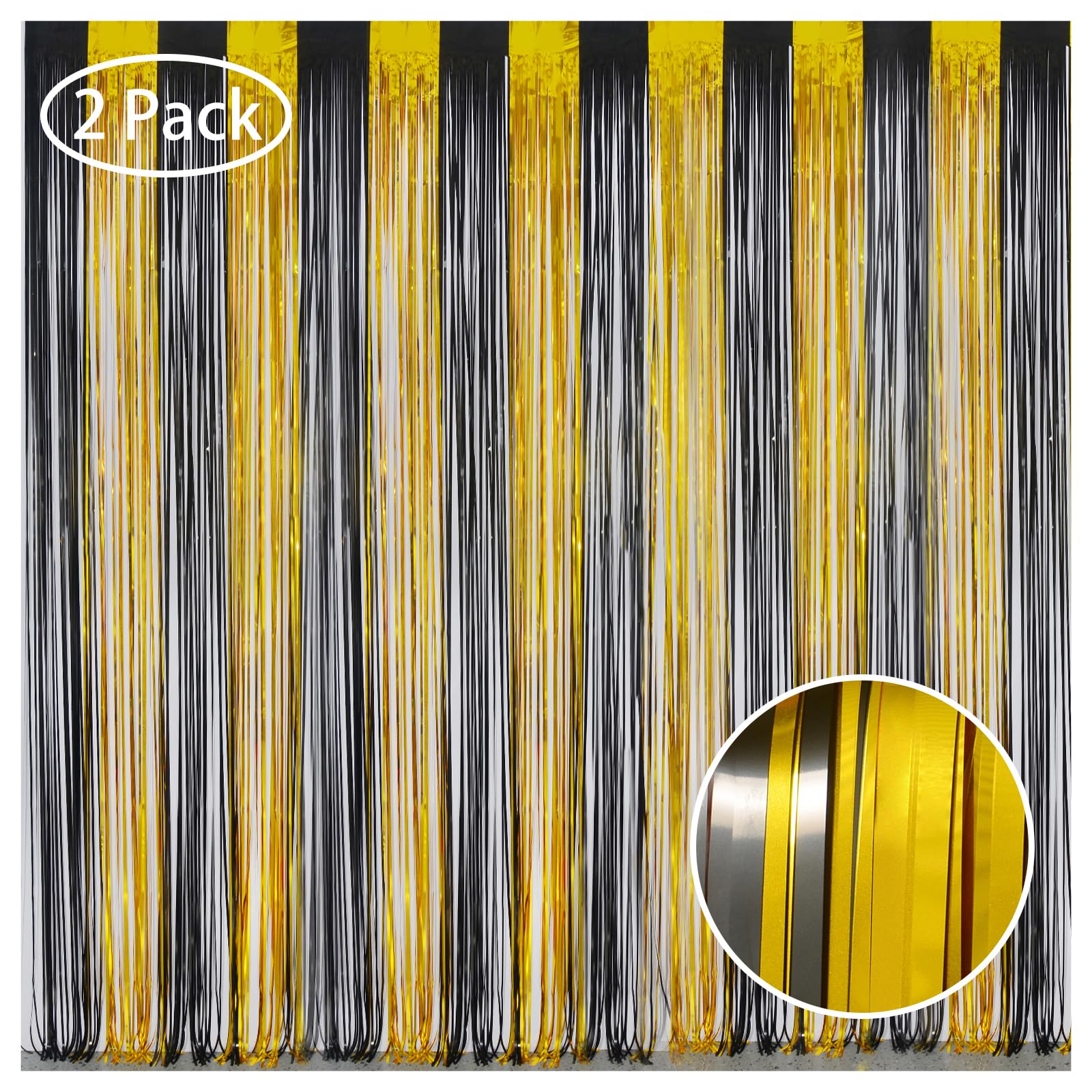 Melsan Foil Curtain Tinsel Backdrop - 3.2ft X 8ft Black and Gold Fringe Curtain Photo Streamers Backdrop for Halloween, Graduati