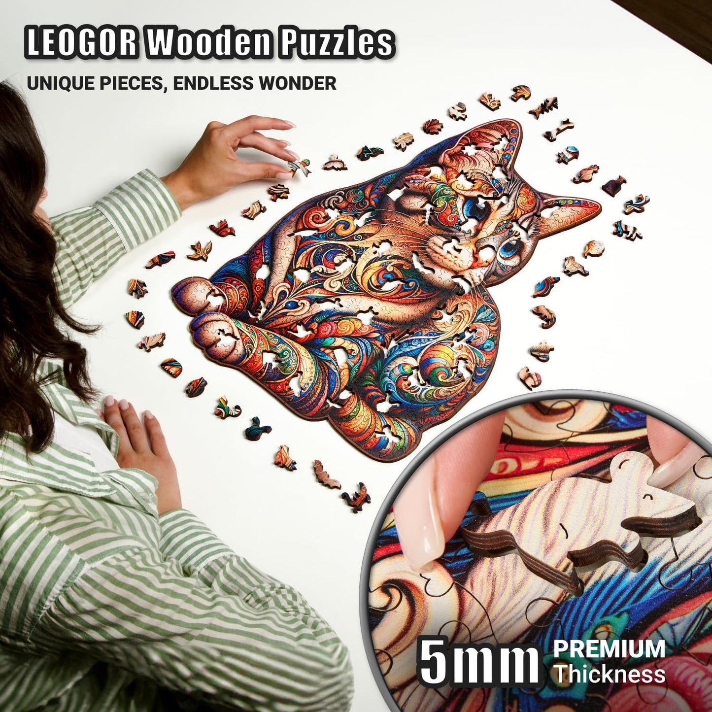 Whiskered Cat Mosaic - 350 Piece Wooden Puzzles for mature-themeds - 14 x 18.1 in - Extra-Thick 5 mm Wood Puzzle  Hand-Drawn Pieces  Animal Shaped Design - enhanced Gift for Puzzle Lovers by LEOGOR