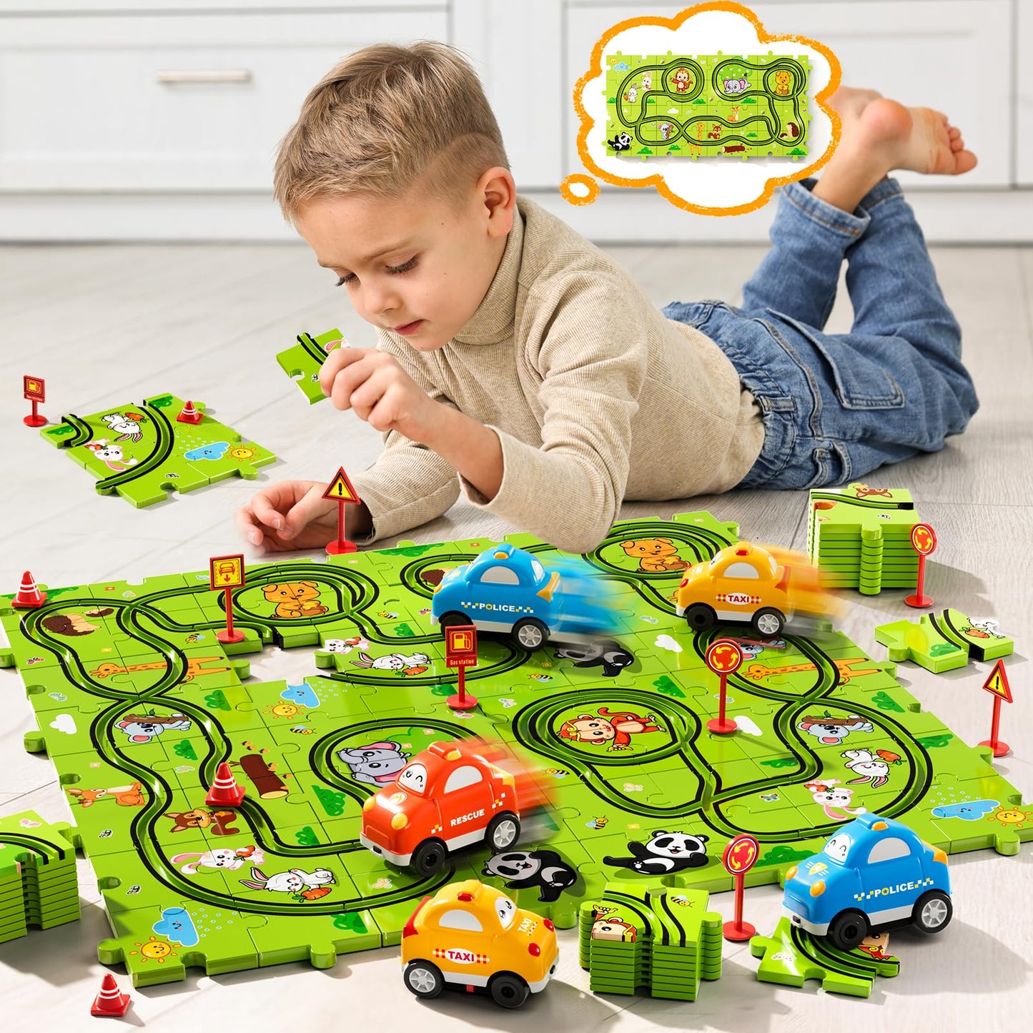 Beby Buty 64 Pcs Puzzle Race Track Car Set Toys For Kids Boys, Puzzle Tracks Car Toys For Boys Ages 3-5 4-6, Toddler Toys Gifts