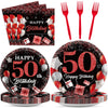 96 Pcs 50th Birthday Plates and Napkins Party Supplies 50 Years Old Birthday Party Tableware Set Red Black Dinner Dessert Plates