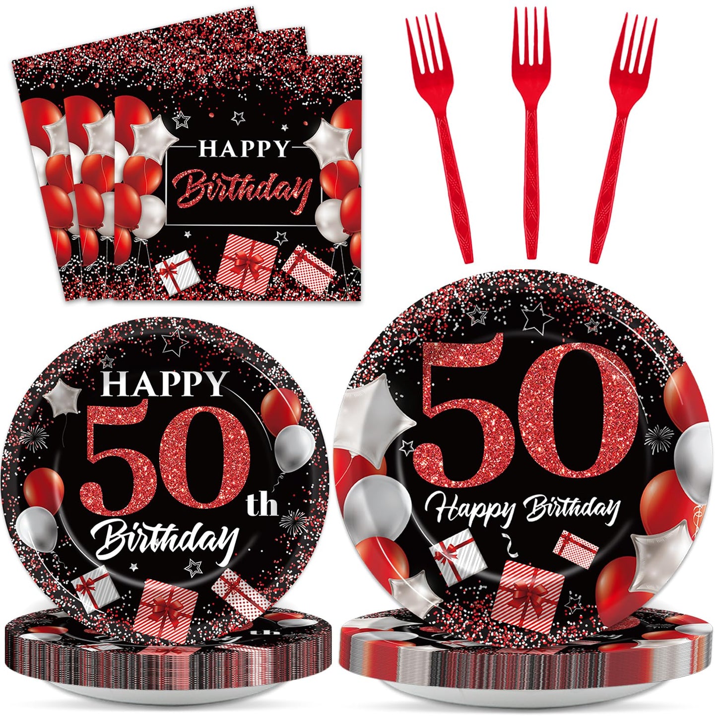 96 Pcs 50th Birthday Plates and Napkins Party Supplies 50 Years Old Birthday Party Tableware Set Red Black Dinner Dessert Plates