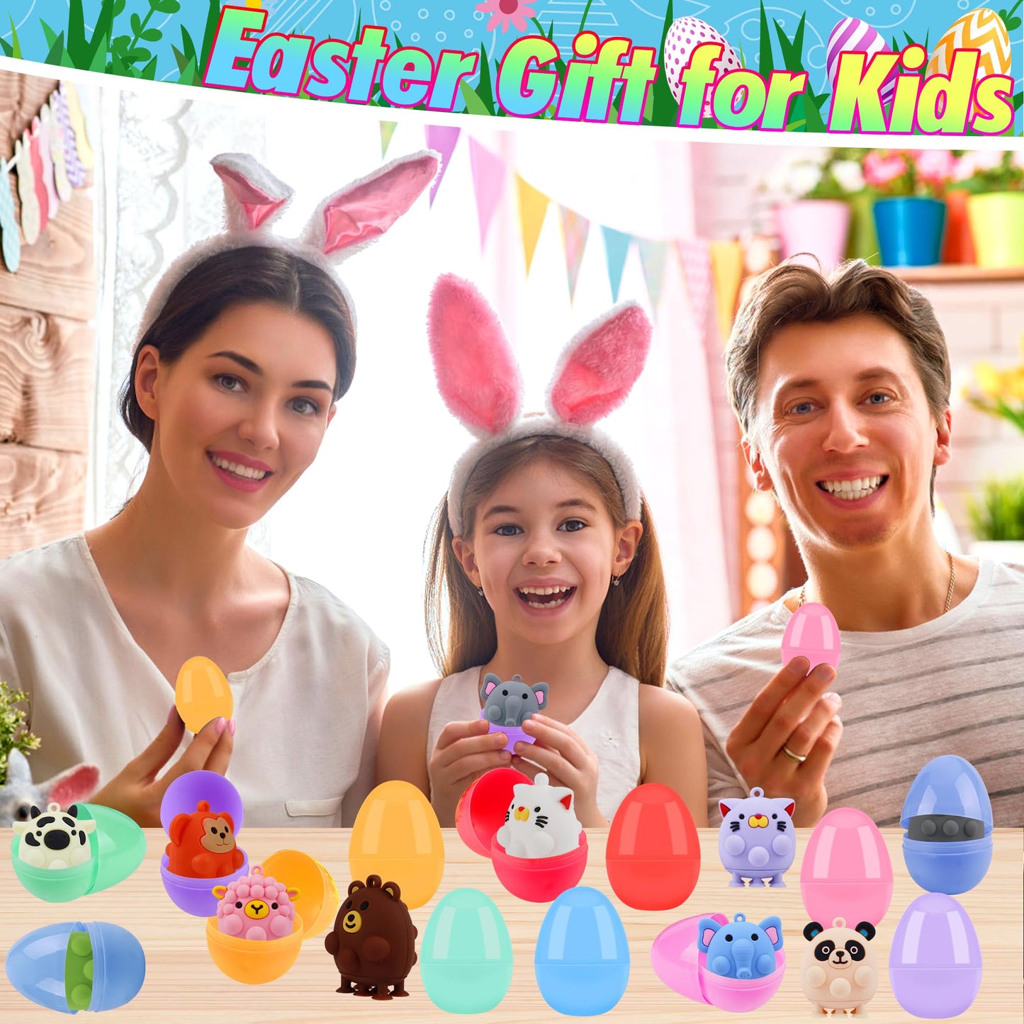 Prefilled Easter Eggs With Animal Pop Toys,24 Pcs Filled Easter Eggs For Egg Hunt,Easter Basket Stuffers For Kids,Easter Party F