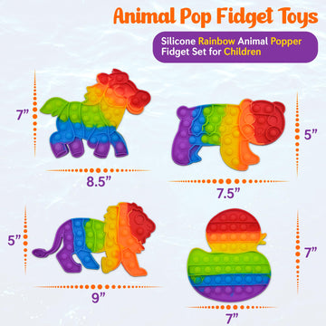 Animals Pop Fidget Toys Set  Silicone Rainbow Dinosaur Popper Fidget Set for Children  Sensory Squeeze Toys Stress Reliever Tool for Kids mature-themed ADHD Lion  Tiger  Horse and Duck 4 Pack