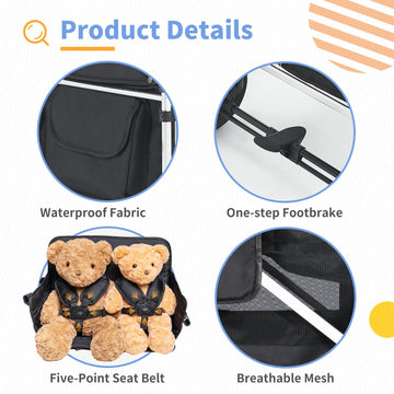 wanan Stroller Wagon for 4 Kids, Black, 5-Point Harnesses, Adjustable Canopy, Foldable Push Bar, Oxford Cloth, Aluminium Alloy