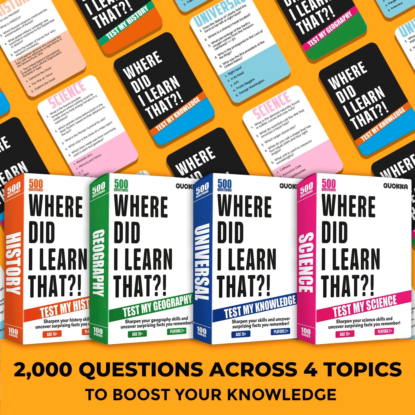 QUOKKA Trivia Card Game – 2000 Questions in Geography, History, Science – 6.14 x 4.7 inches – Sustainable Renewable Cardstock – 4 Set