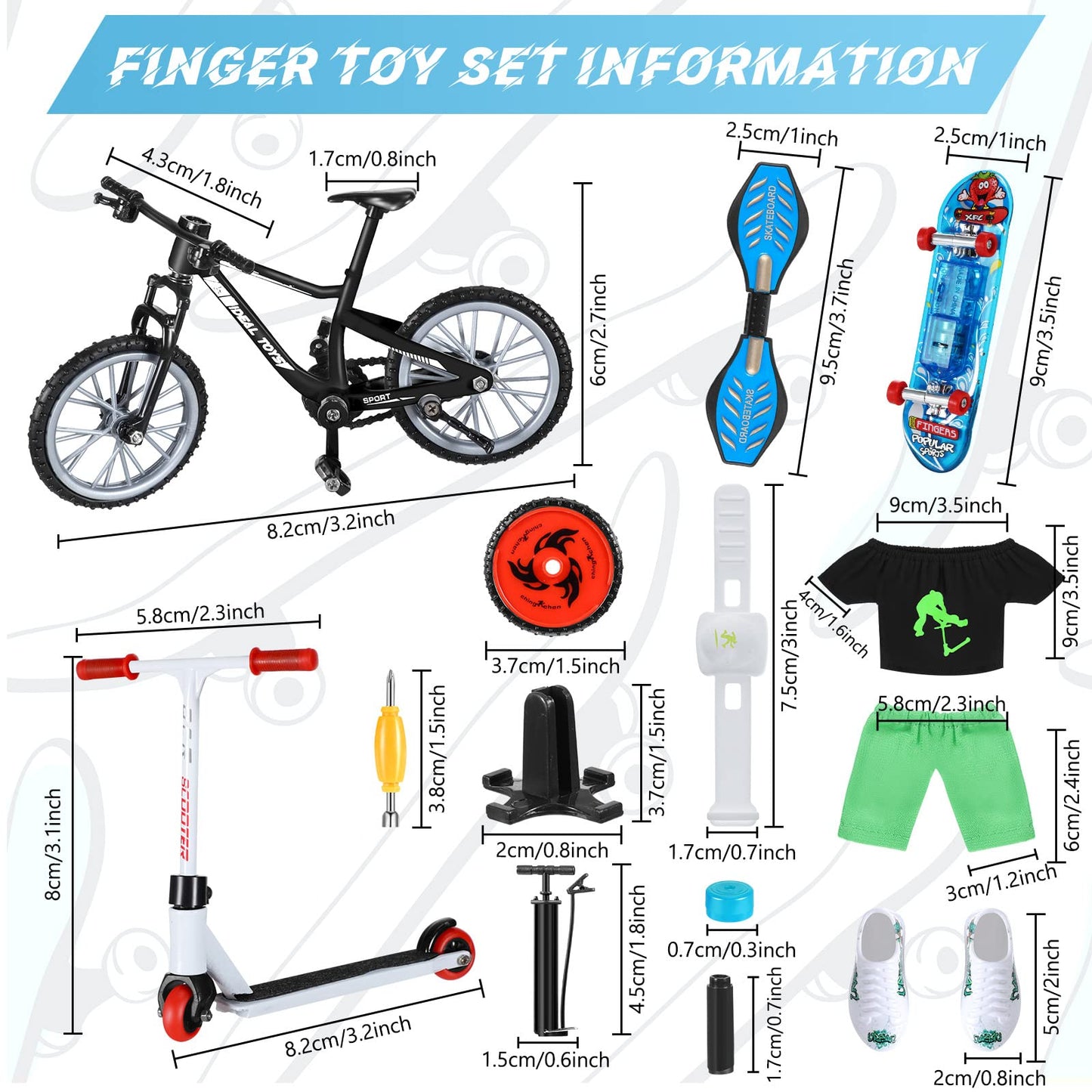 Hanaive 45 Pcs Mini Finger Toys Gift Finger Skateboards Bike Scooter Mini Skate Board Finger Tops Pants Shoes for Boys Girls Party