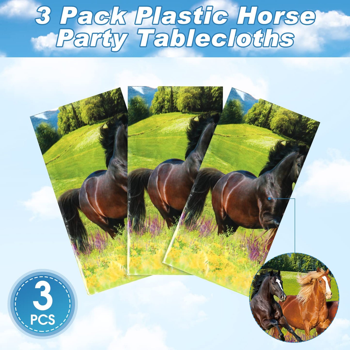 Tudomro 3 Pcs Horse Table Cover Tablecloth Party Decorations Morgan Wild Horse Racing Tablecloth for Derby Day Birthday Cowboy C