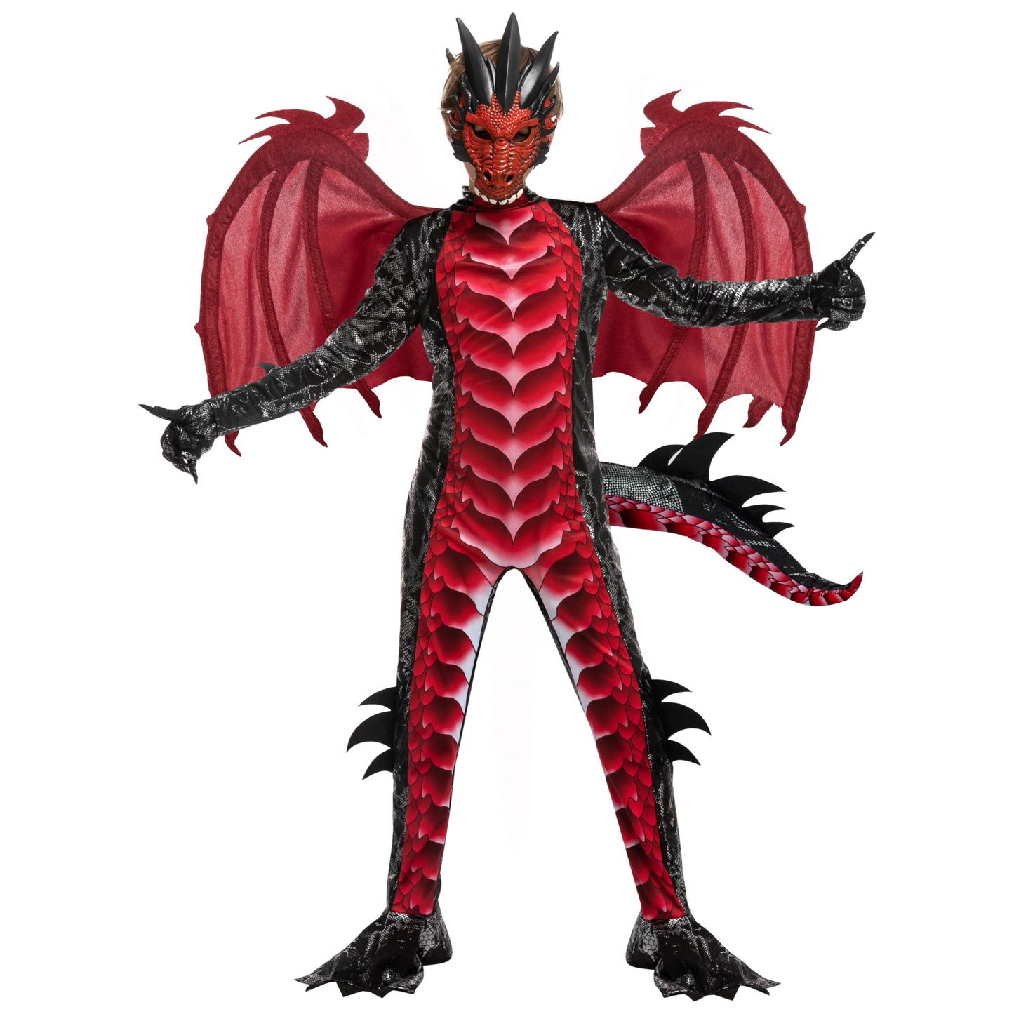 Spooktacular Creations Halloween Kids Red And Black Dragon Costume, Boys Dragon Wings, Tail And Mask Set For Halloween Dress Up-L(10-12Yr)