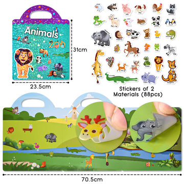 Astaron Reusable Sticker Book For Toddlers, 88 Pcs Animal Stickers Road Trip Activities Car Airplane Activities Travel Toys For Kids, Kids Quiet Time Activities (3-6 Age)