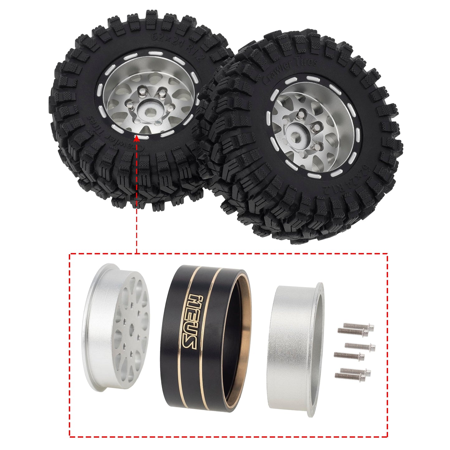 MEUS RACING 1.2 Beadlock Wheels Tires Set Brass Rim for TRX4M SCX24 FCX24 AX24 1/24 1/18 RC Crawler Car, Negative 4mm 42g (Slive