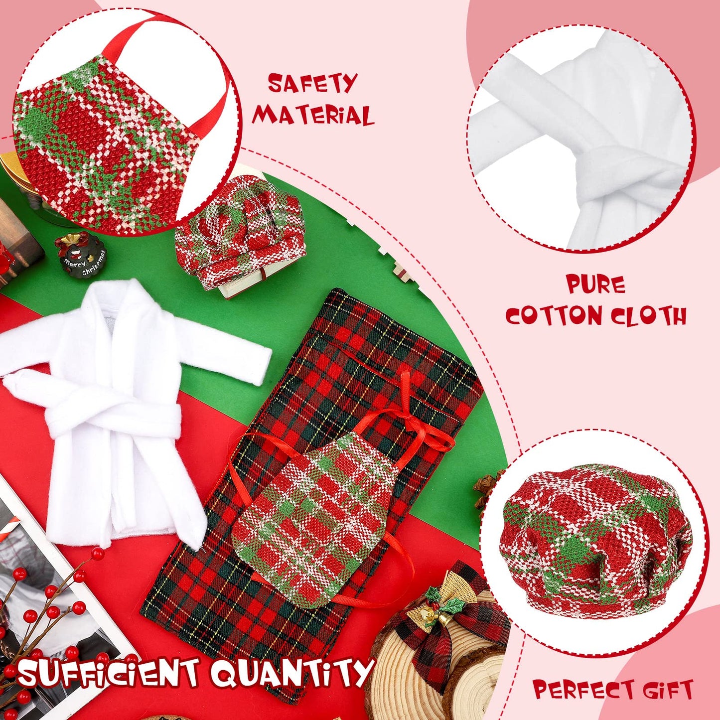 4 Pieces Christmas Elf Doll Accessories Set Santa Clothing Include Elf Sleeping Bag,Bathrobe, Apron And Cap, Christmas Elf Doll Sleeping Bag Set For Elf Doll Clothes Kit(Plaid Style)