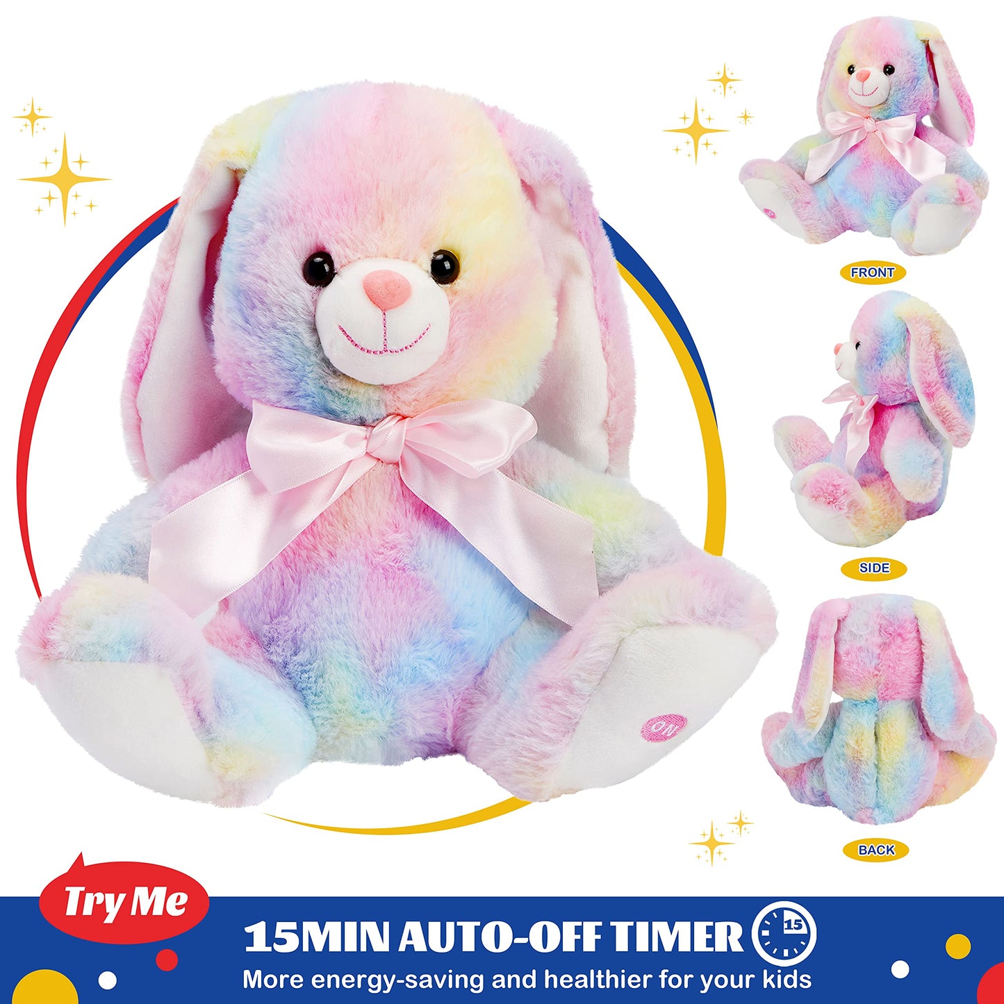 Glow Guards 10'' Musical Bunny Plush Toy - Rainbow Lop Eared Rabbit, Cotton, Light Up Night Light for Kids and Toddlers