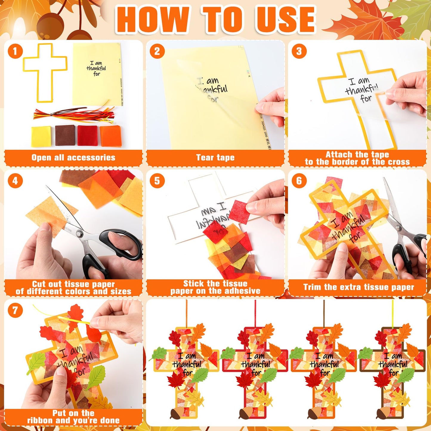 Lunmon 24 Sets Fall Suncatchers Crafts Thanksgiving Fall Blessing Tissue Paper Craft Christian Religious Jesus Cross Ornament fo