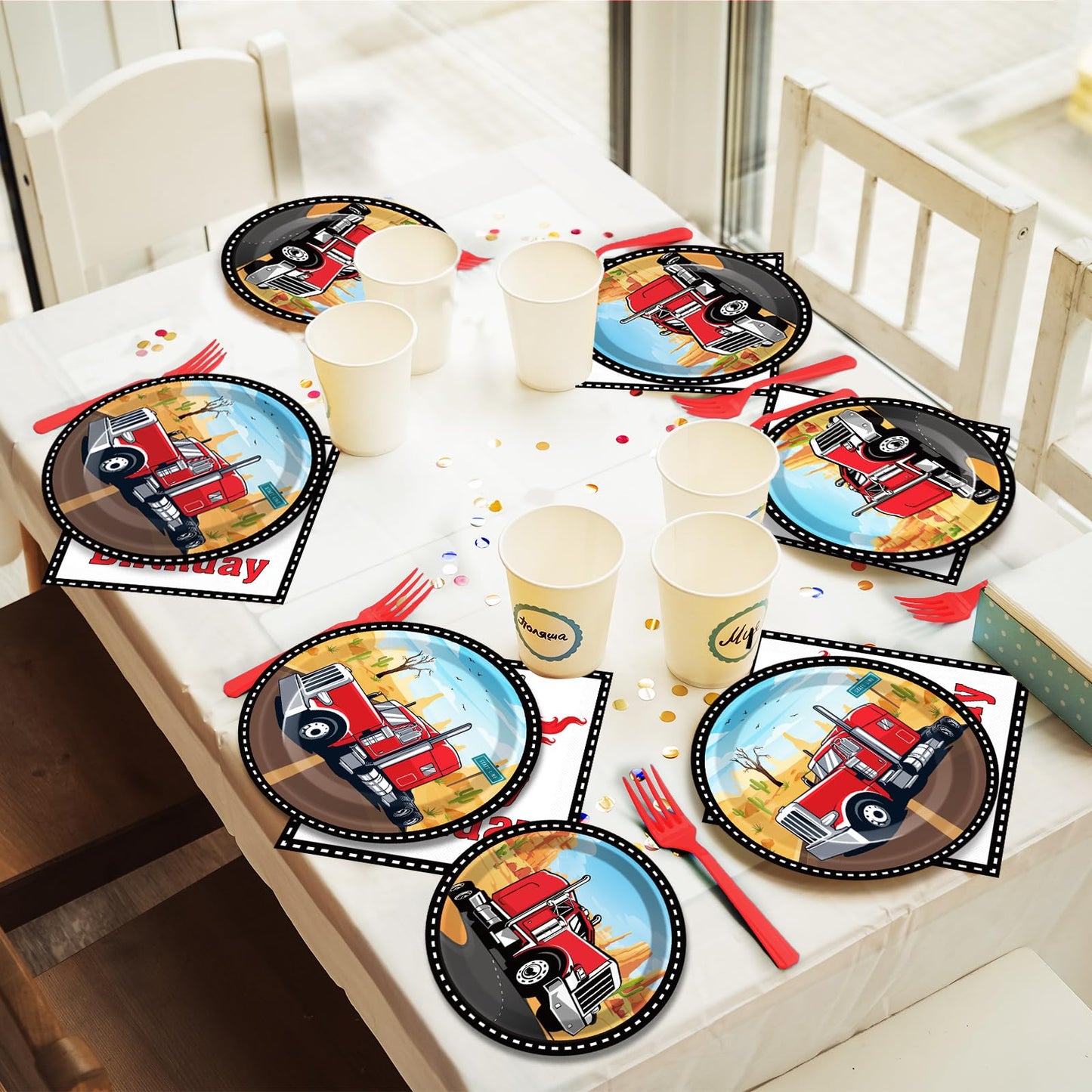 gisgfim Semi Truck Party Supplies Set - 96 Pcs Paper Plates & Napkins for Kids Birthday, Red Tractor Trailer Theme, Serves 24