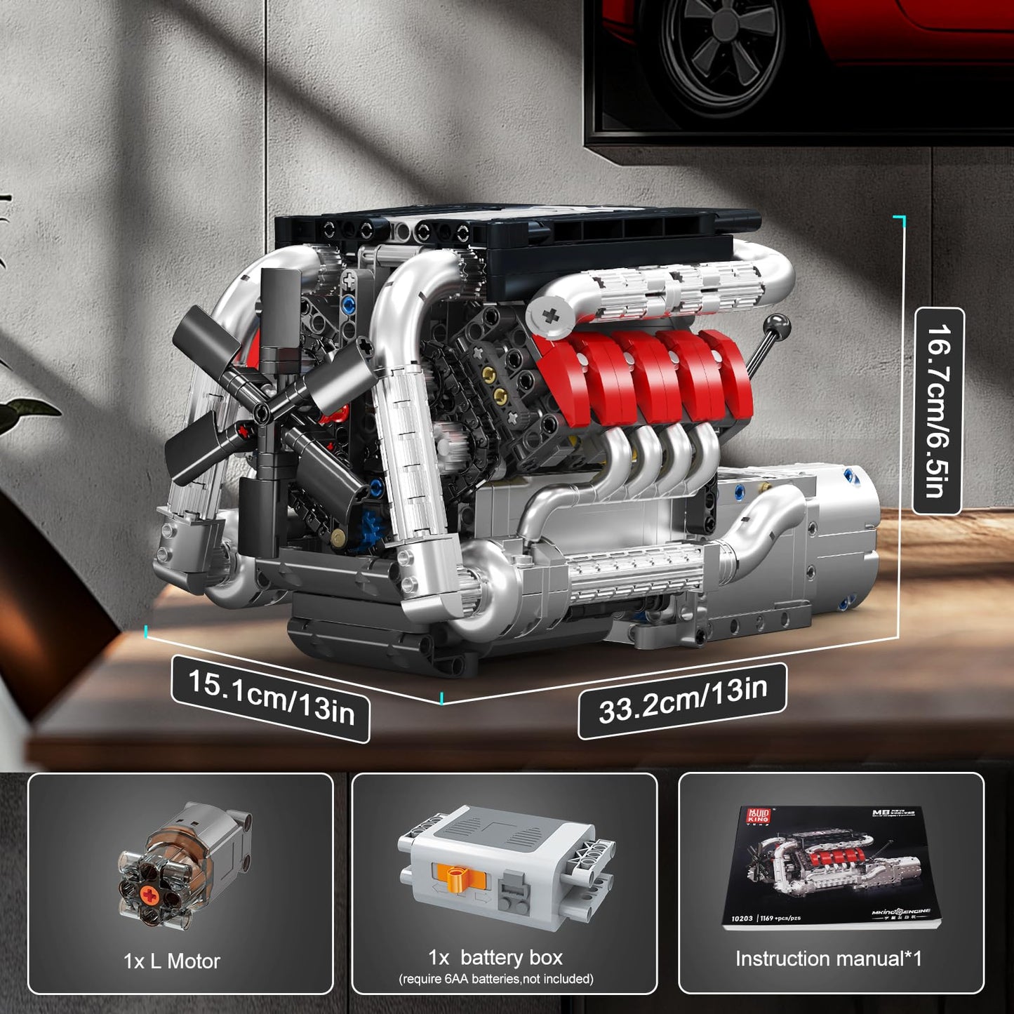 Mould King 10203 V8 Engine Building Blocks Sets, Build A Engine Model Kit That Runs, Moc Engineering Model Building Kit, Stem En