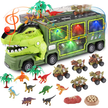21 in 1 Dinosaur Truck Toys for 3 4 5 6 7 Year Old Boys Girls - T-Rex Transport Car Carrier Truck with 5 Pull Back Dinosaur Cars