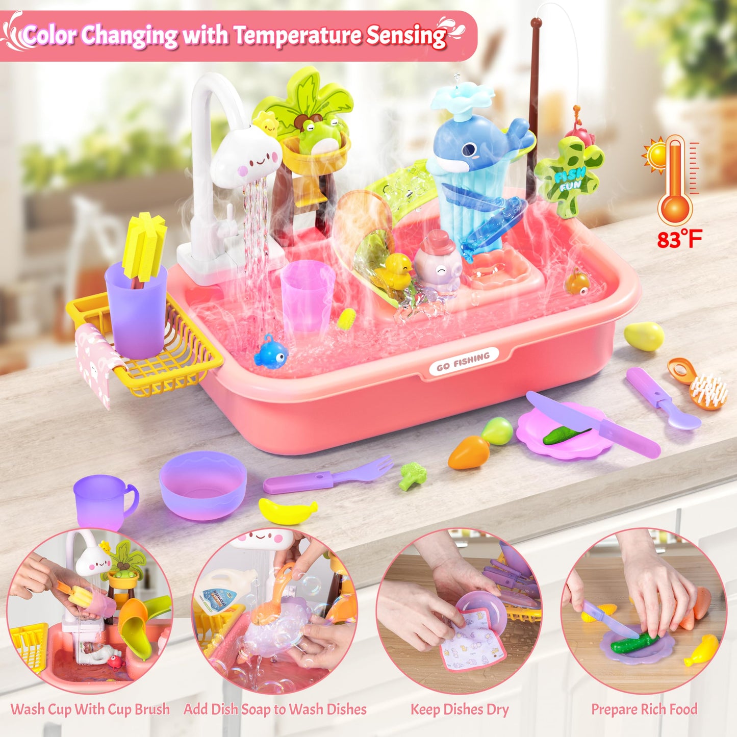 Color Changing Play Kitchen Sink Toy for Kids, Play Sink with Upgraded Electric Faucet & Automatic Water Cycle System, Dishwashe