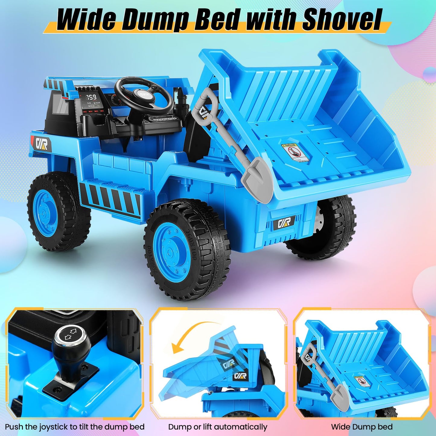 Hikole Kids Ride on Dump Truck with Remote Control, 12V 4WD Power Car Wheel with Dump Bed, Shovel, Bluetooth, Music Player, Ride
