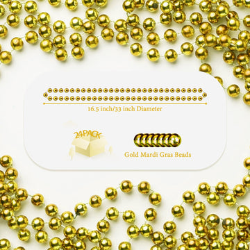YAXINRUI 24 PCS Gold Mardi Gras Beads, Gold Bead Necklaces, Christmas Bead Necklaces, 33 Inch Round Beaded Necklaces for Mardi G