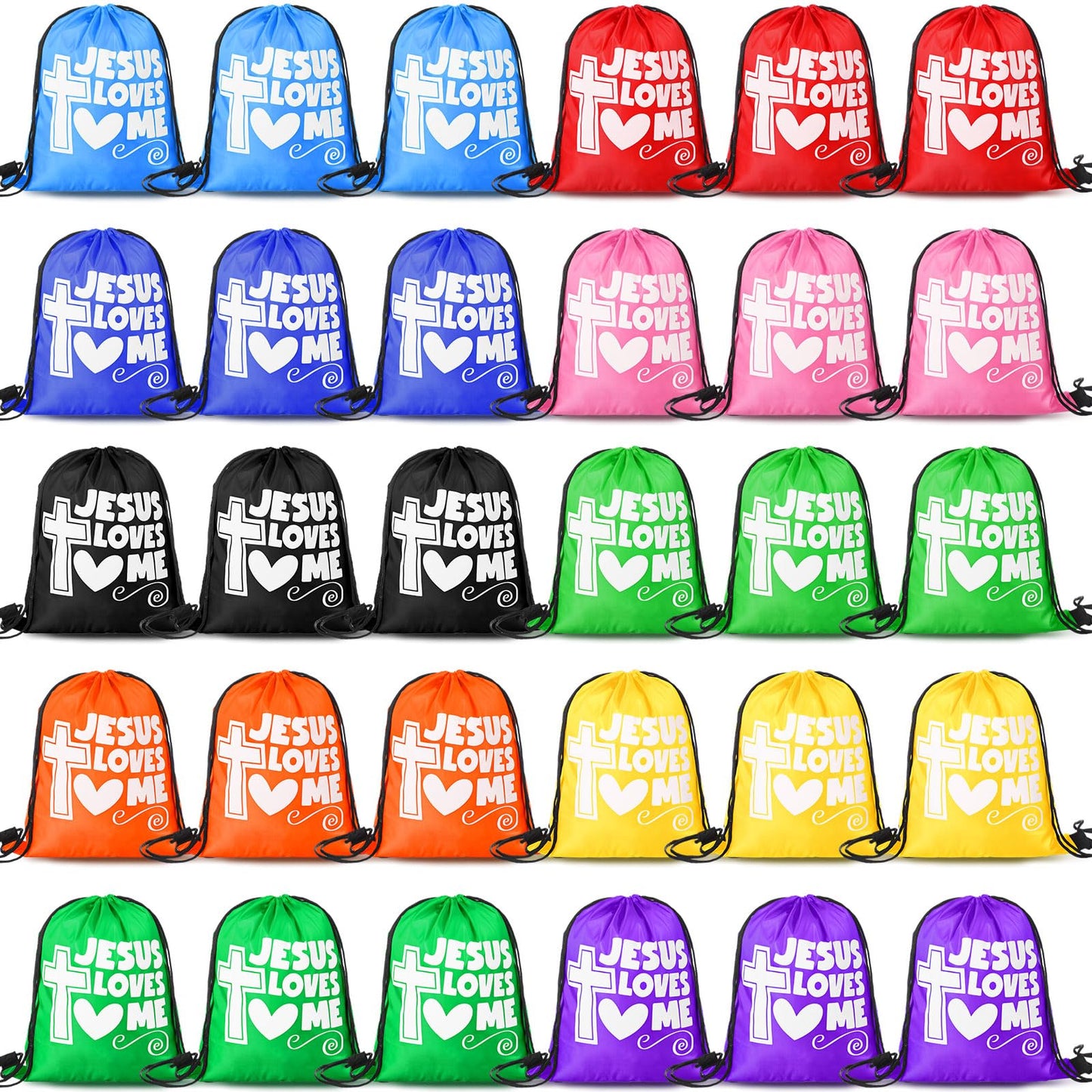 Sunnymove 30 Pcs Jesus Loves Me Drawstring Backpack Bulk Religious Christian Gift Bags Bible Verse Cross Goodie Candy Treat Stri