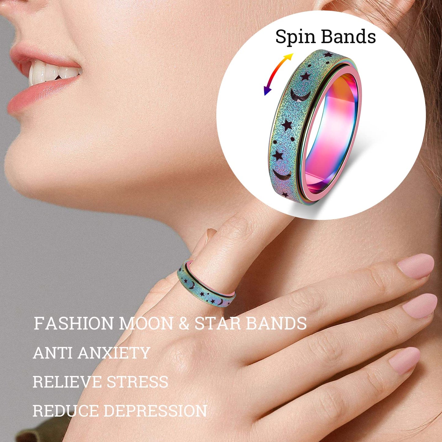 Fidget Toys Anxiety Ring For Women Stainless Steel Spinner Ring Fidget Rings Men Adult Silver Rainbow Black Color Pack Size 9