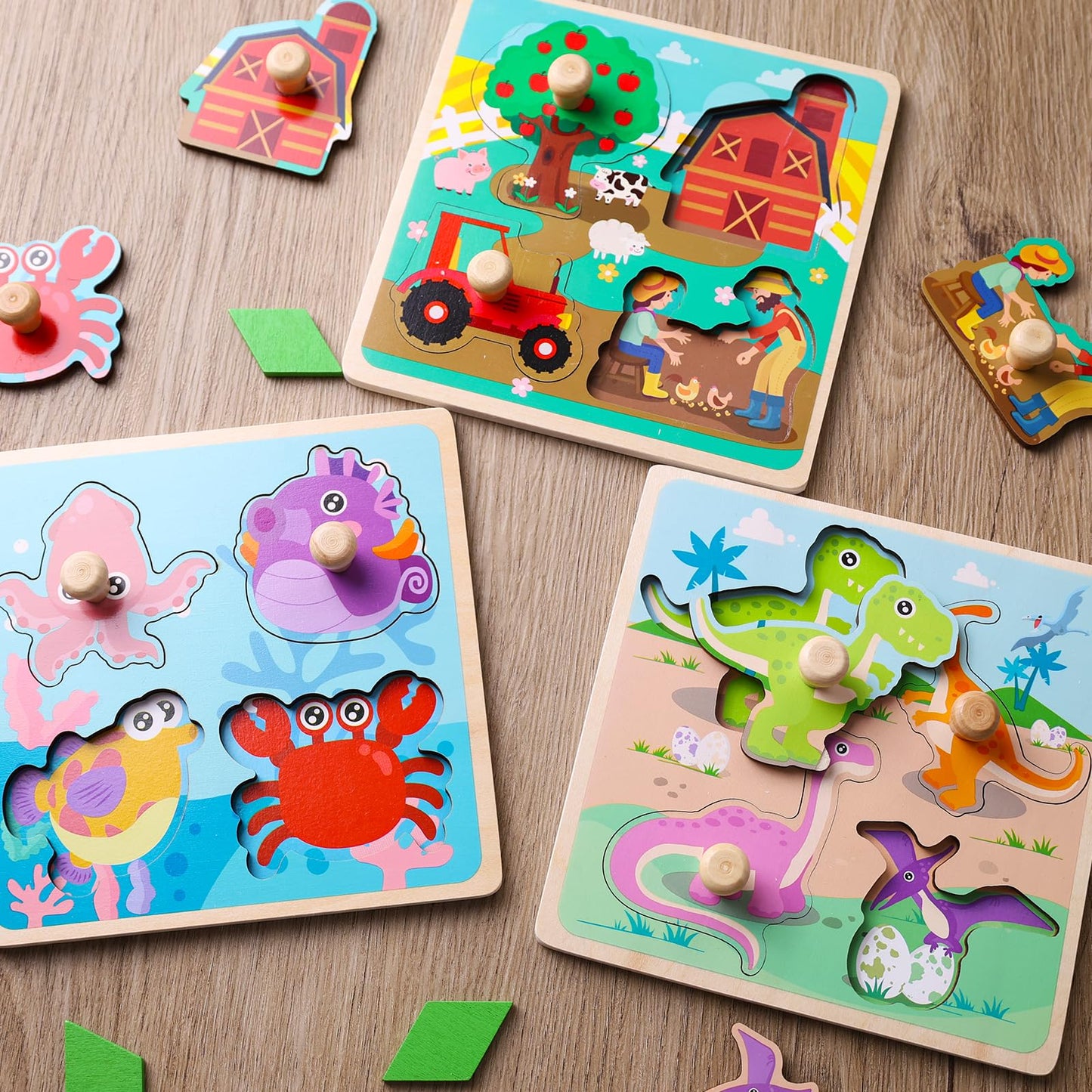 Mcpinky 3 Sets Wooden Peg Puzzles, Puzzles For Toddlers Knob Puzzles With Handles Educational Montessori Puzzles For Kids Presch