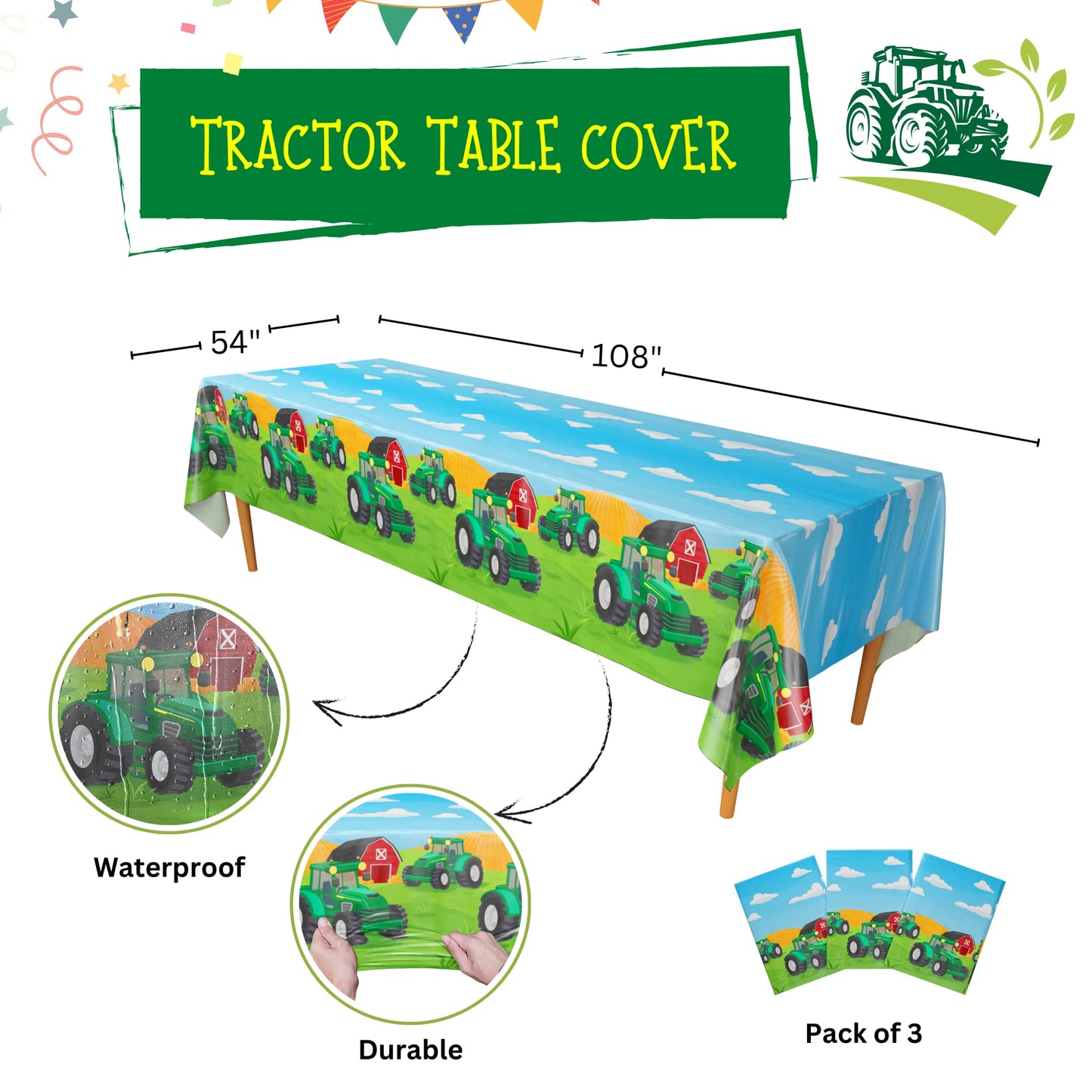 Blue Orchards Tractor Party Table Covers (Pack of 3) - 54x108 XL - Tractor Birthday Party Supplies, Tractor Table Decorations, T