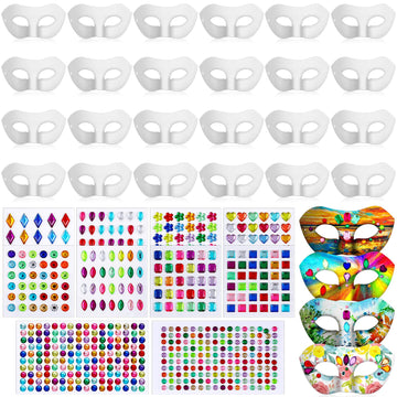 Leyndo 24 Pack Paper Mache Mask and Gem Stickers Mardi Gras Blank Mask to Decorate Self Adhesive Sticker White Craft Mask