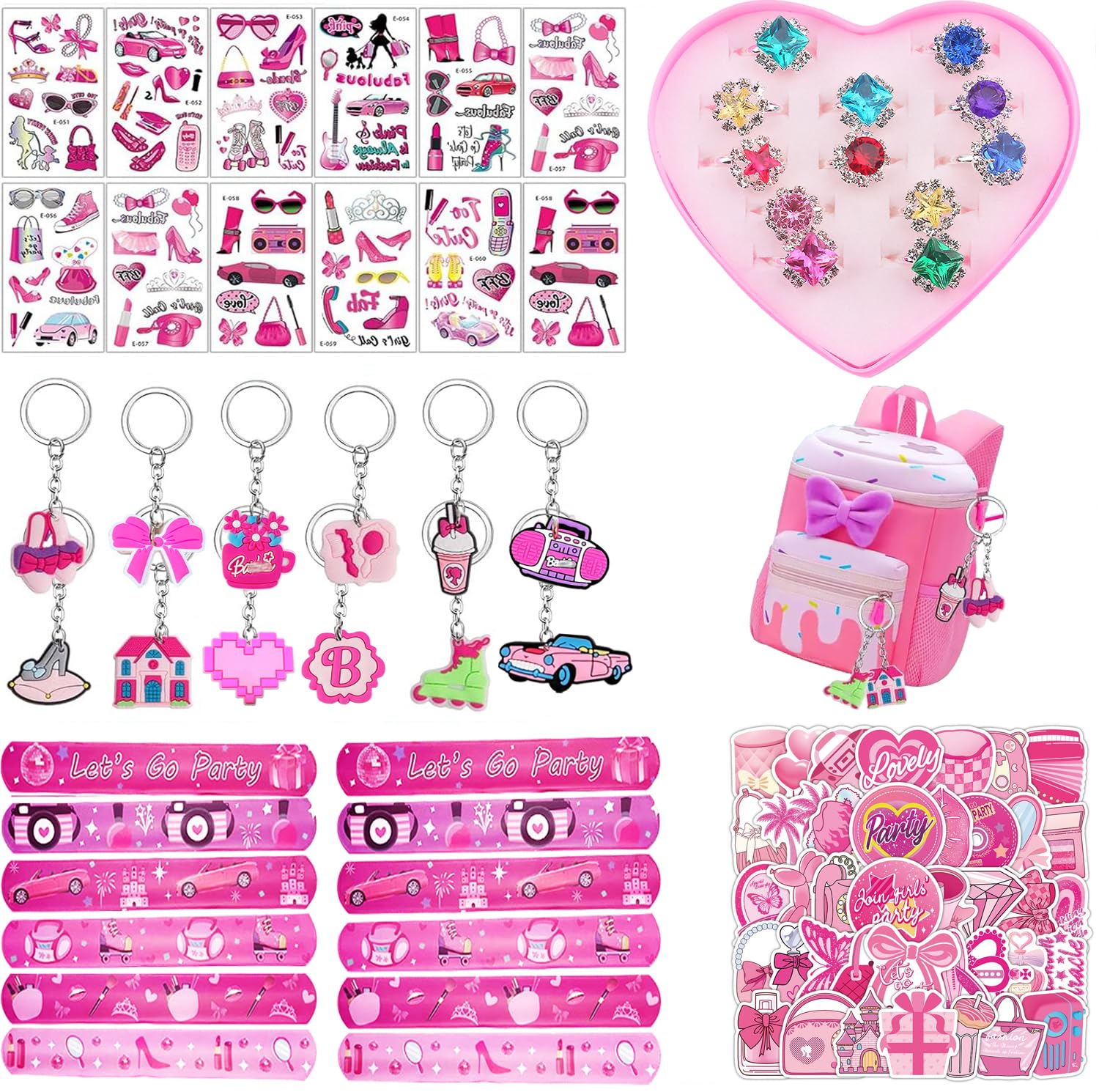 Junyaoii Pink Party Favors 98 Pc Princess Party 12 keychain, 12 Tattoo stickers, 12 bracelets, 12 Glass diamond ring, 50 sticker