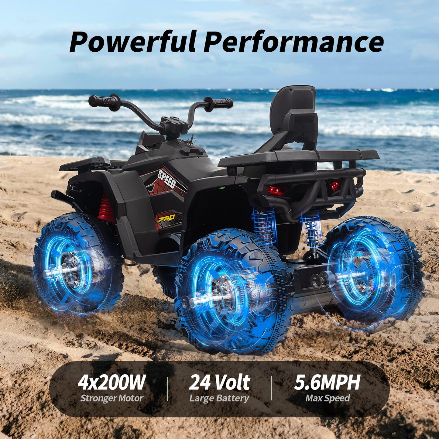 Hikiddo Kids Atv 4 Wheeler, 24V 4Wd Electric Atv Ride On Toy For Big Kid With 2-Seater, 4X200W Motor - Black