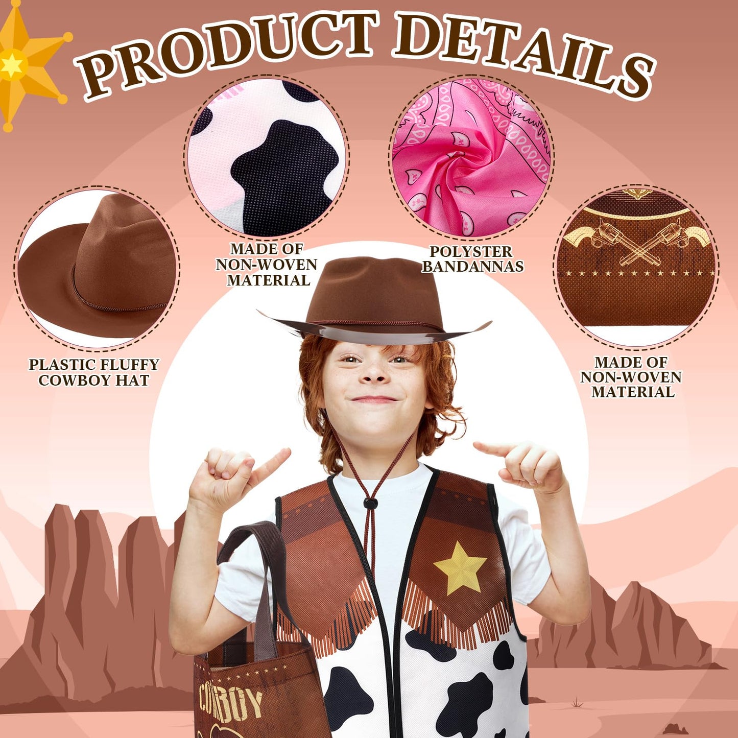 Toulite 24 Pcs Cowboy Cowgirl Hats Pack Cowboy Costume Outfit Include 6 Hats 6 Vest 6 Bandanas 6 Bags for Kids Party(Brown)