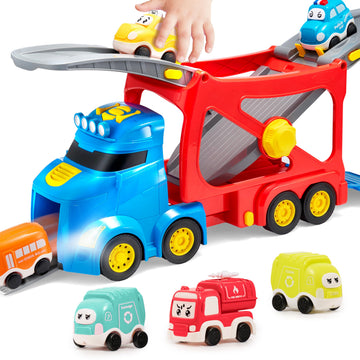 VROOMIX 7-in-1 Extra Large City Truck Toys for Boys Girls, Big Transport Vehicle Carrier Truck with 6 Cars, Extendable Head, Sou