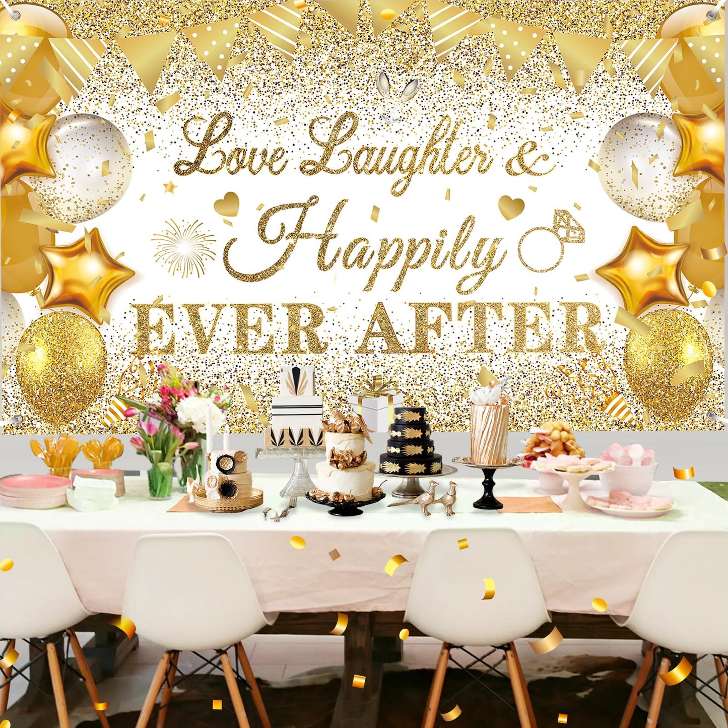 White Gold Bridal Shower Decorations Love Laughter and Happily Ever After Banner Backdrop Wedding Shower Banner Happily Ever Aft
