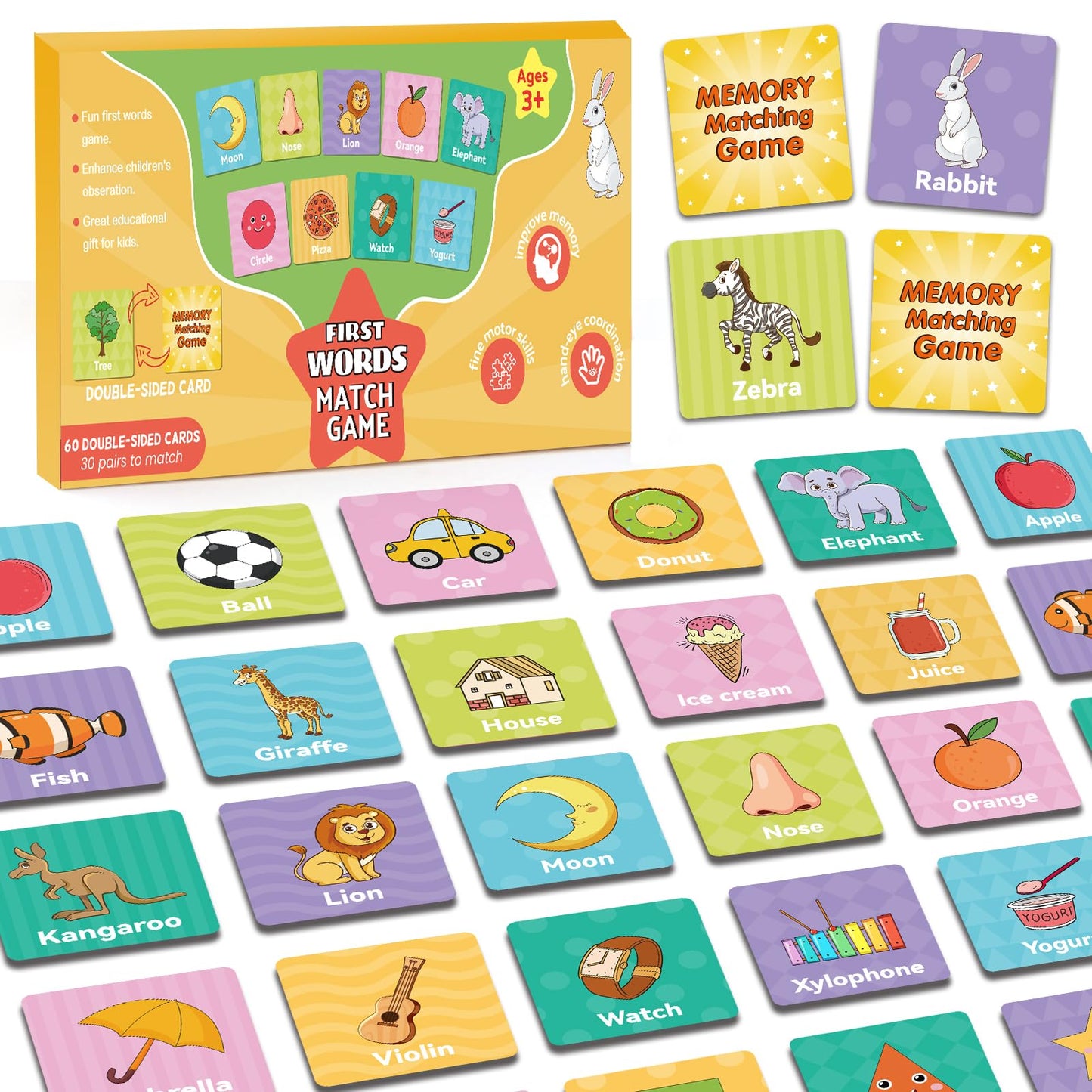 First Words Memory Game, Memory Games For Kids Ages 4-8, Matching Games For Toddlers 3-5, 60 Flash Cards Phonics Games, Memory C