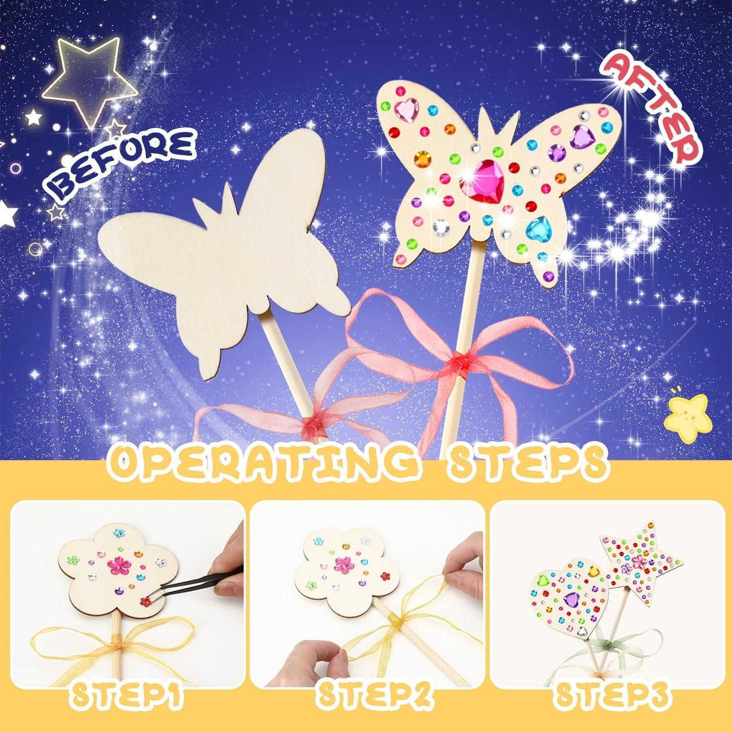AUGSUN 43Pcs Princess Fairy Wands Kit, 20Pcs Wood Fairy Wands 20 Ribbons with 3 Sheets Gem Stickers Birthday Party Supplies Make