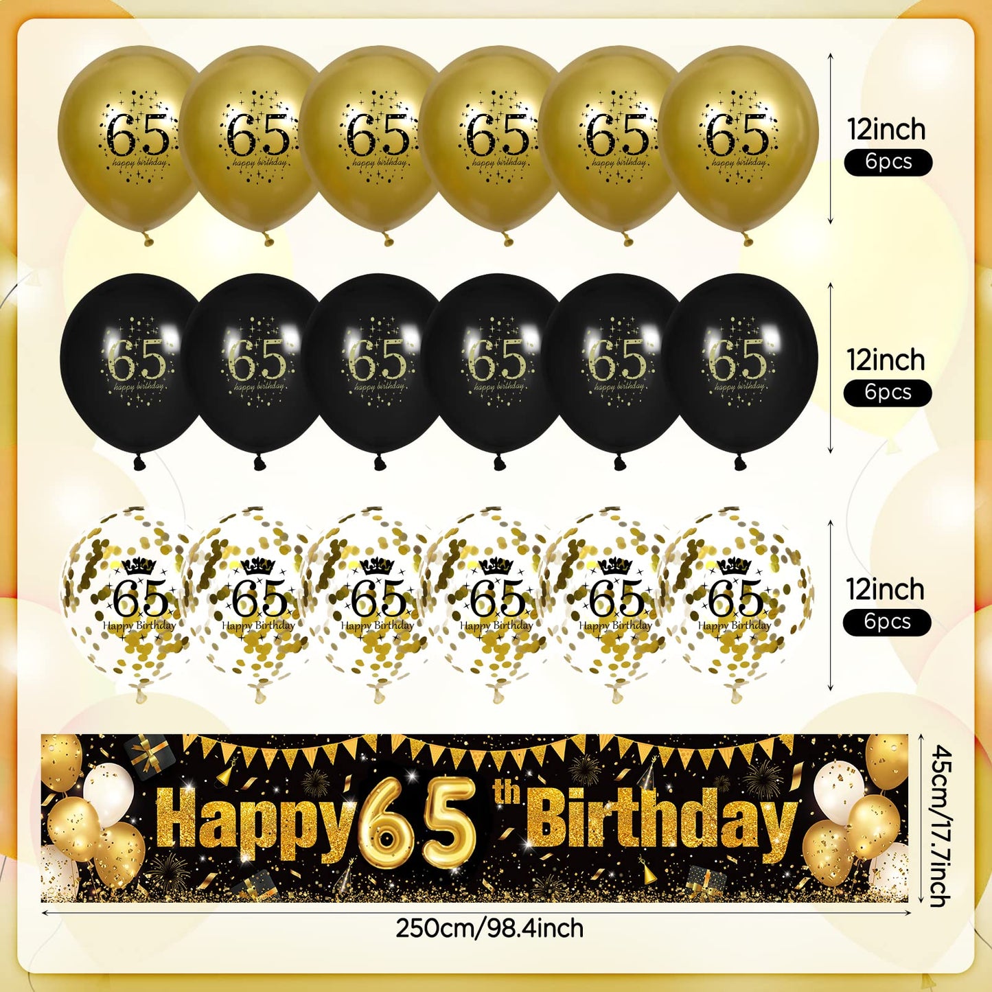 65Th Birthday Decorations For Men Women Black And Gold, Black Gold Birthday Yard Banner Sign And 18 Pcs 65Th Happy Birthday Balloons For 65Th Anniversary Birthday Party Supplies Outdoor Yard Decor