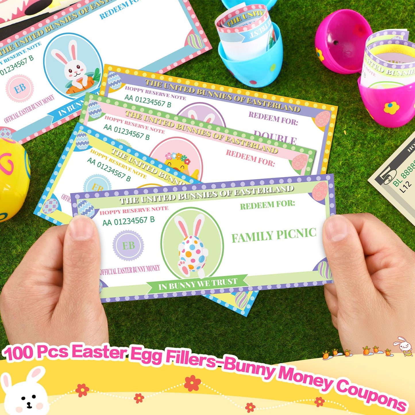 Juleasel 100 Pcs Easter Egg Fillers-Bunny Money Coupons, Paper Easter Egg Tokens Basket Stuffers, 60 Redeemable Coupons+30 Blank