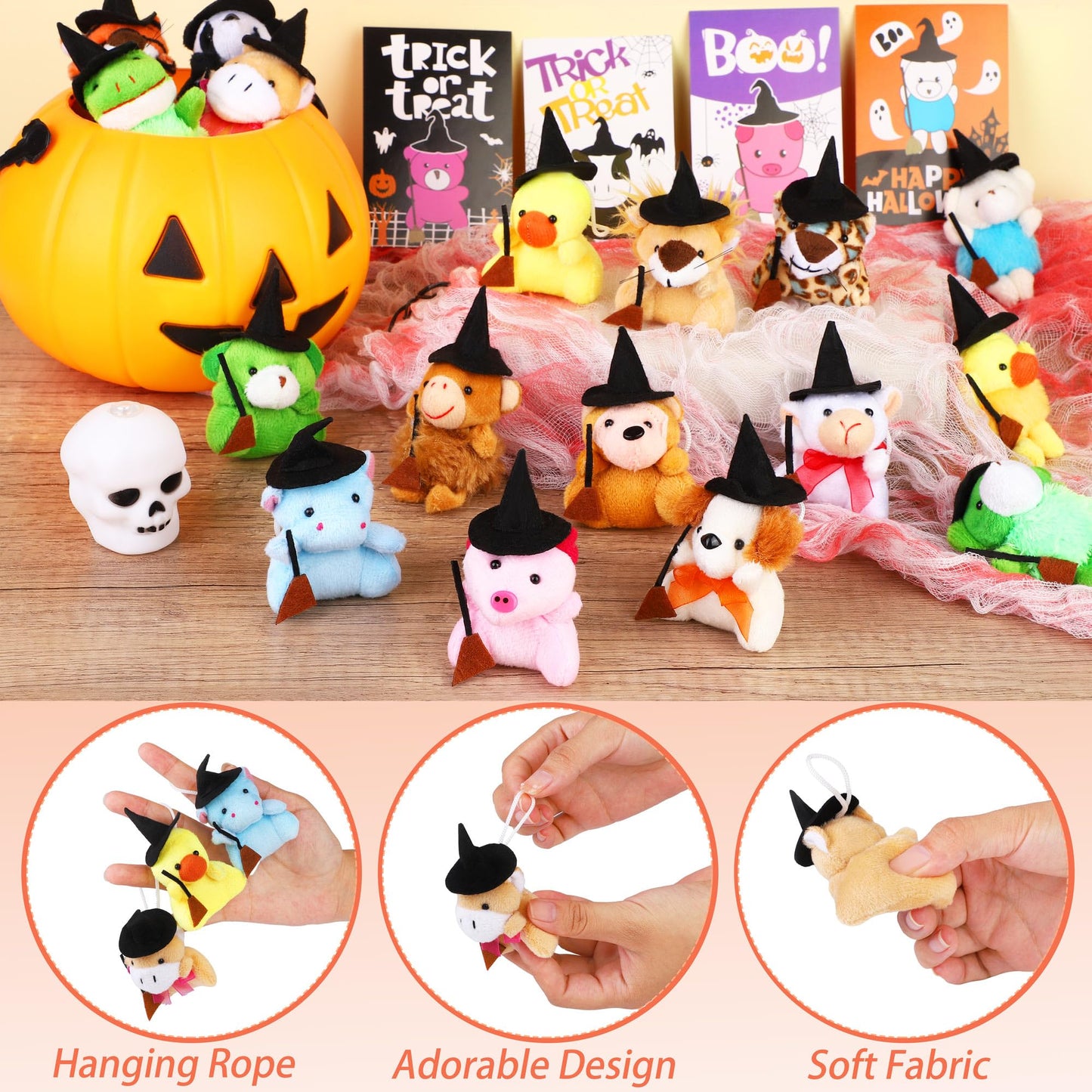 Fovths 24 Pieces Halloween Mini Stuffed Animals Plush Toy With Witch Hat Broom Cards Keychain For Kids Boys Girls Halloween Stuf