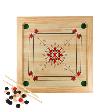 TMG Deluxe Wooden Carrom Table Game Set - Large Size, Black, Includes Cue Sticks, Coins, Queen, and Striker