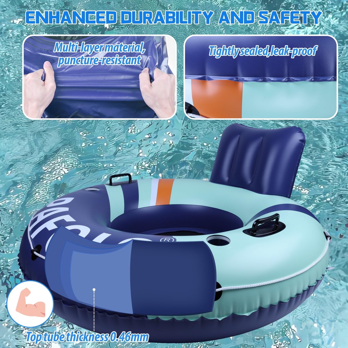 Inflatable River Tube Float  53Pool Float mature-themed  River Tubes for Floating Heavy Duty with Mesh Bottom  Water Tubes for Beach Lake Rafting  Comfortable Backrest & Cup Holders 450 lbs Weight Capacity