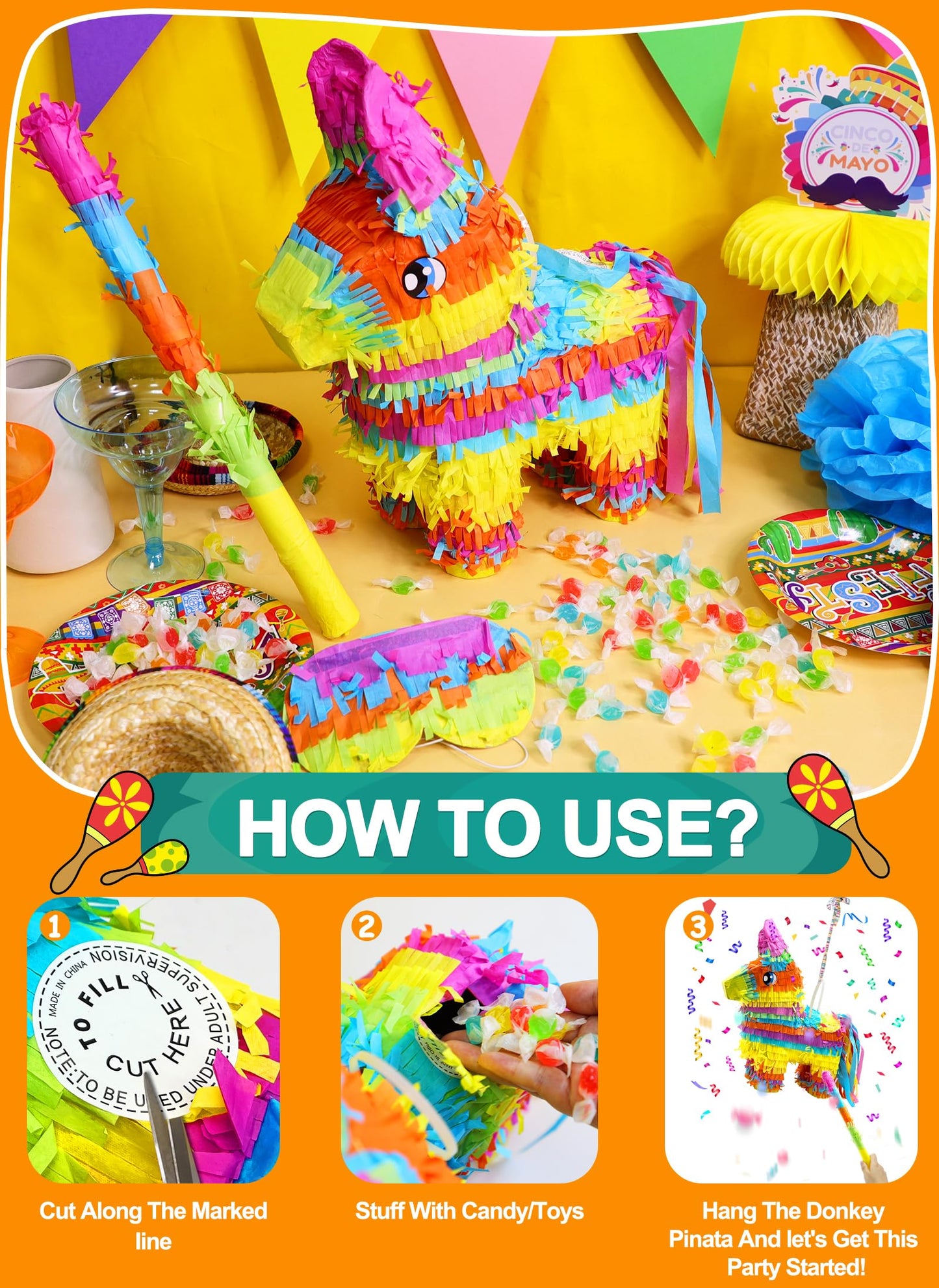 16 Cinco de Mayo Pinata, Large Rainbow Color Donkey Pinata 16 x 13 x 5.5 ln with Stick and Blindfold for Fiestas Mexican Party D