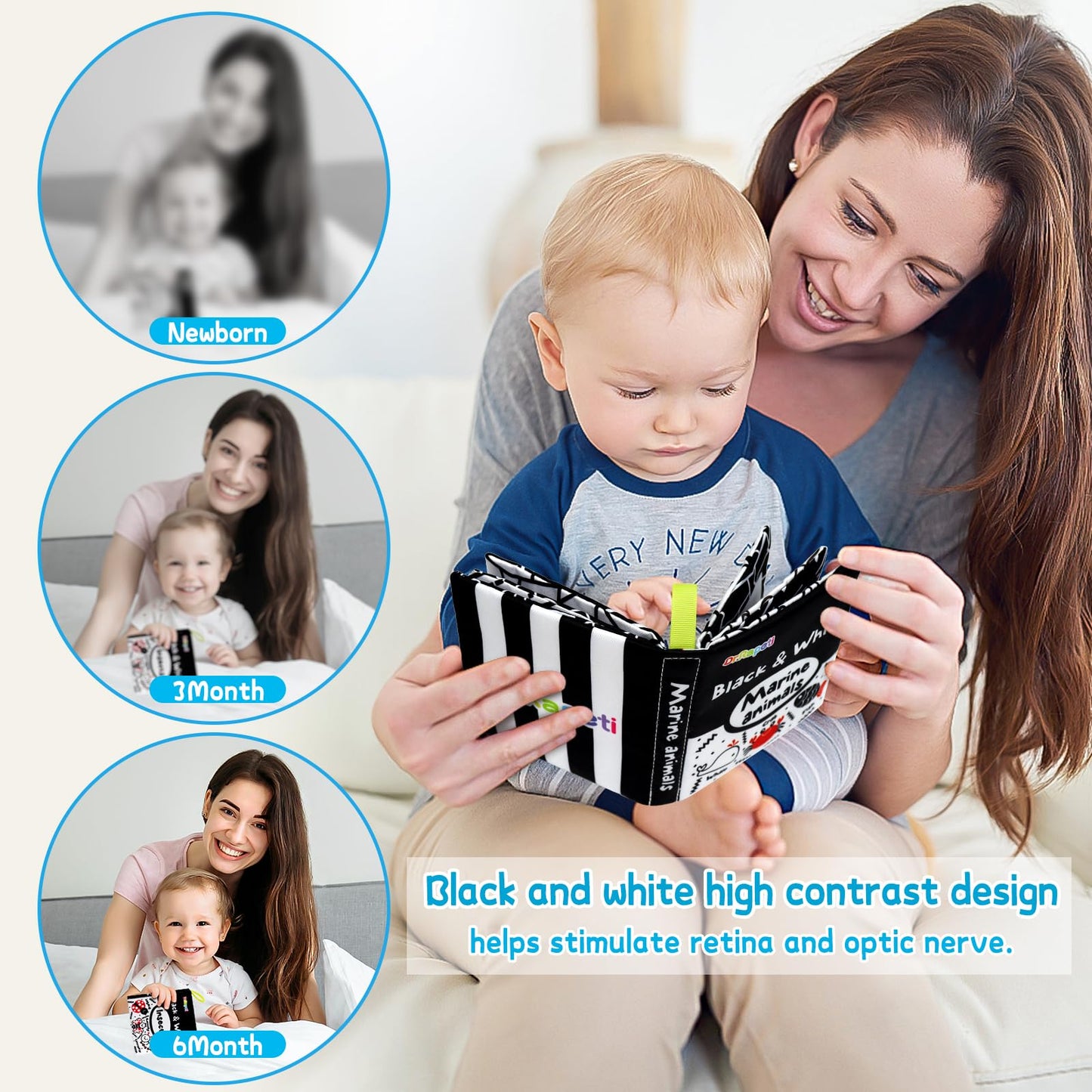 Dr.Rapeti Soft Cloth Books Baby Books Bath Books 6-Pack for Baby Infant Toddler Kids High Contrast Black and White Crinkle Washa