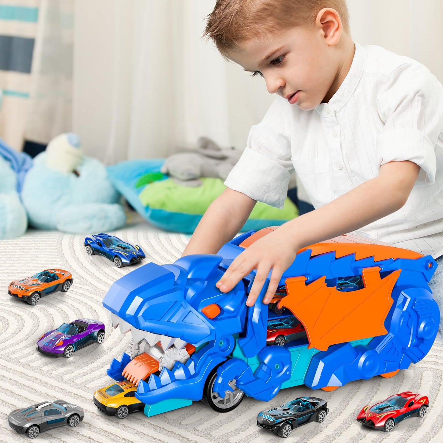 Dinosaur Truck Ultimate Hauler Track Toy for Boys, Transform into Stomping Dinosaur with Race Track Toddler Toys Gifts for Kids